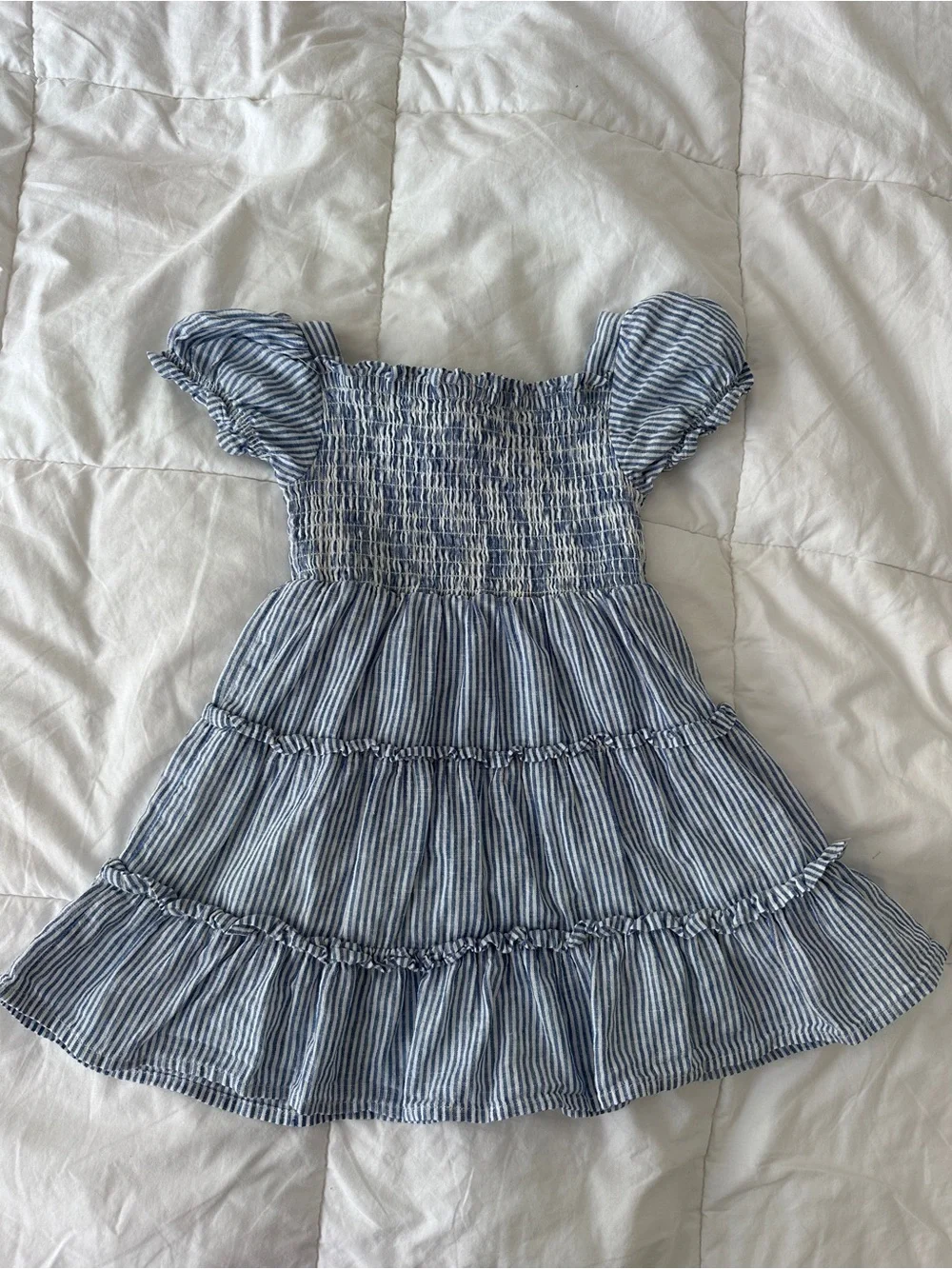 Gymboree Toddler Girl 2T Linen Blue Striped Smocked Tiered Dress